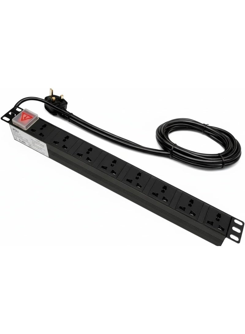 BEST ONE PDU 8 WAY rack-mounted 8-unit 13A UK Plug PDU Power Strip Network Cabinet Rack Socket 2M Extension Cable Standard Outlet Switch Supply Power Distribution Aluminum - Black Color - Image 1